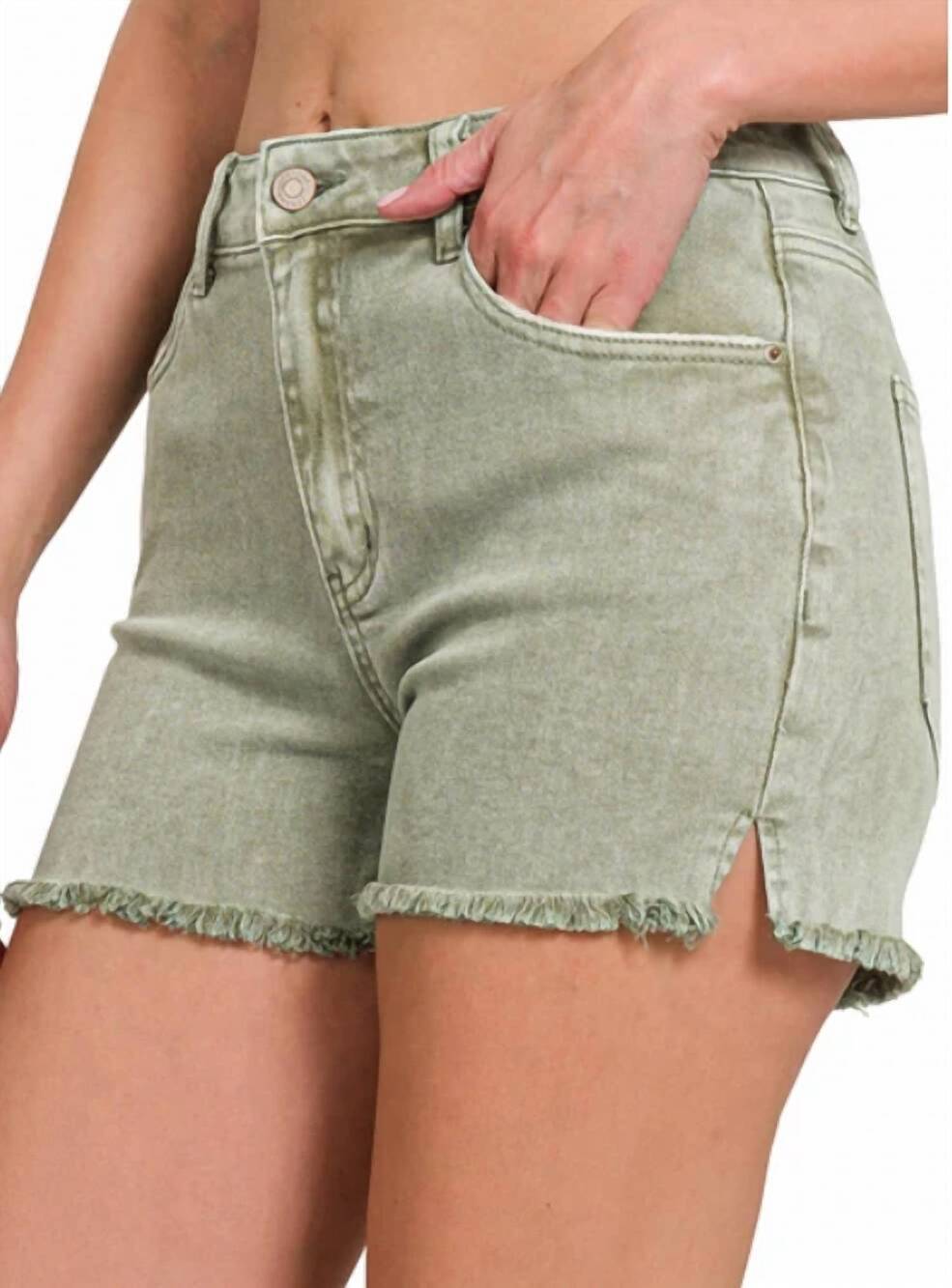 NEW ZENANA acid wash denim shorts in olive
